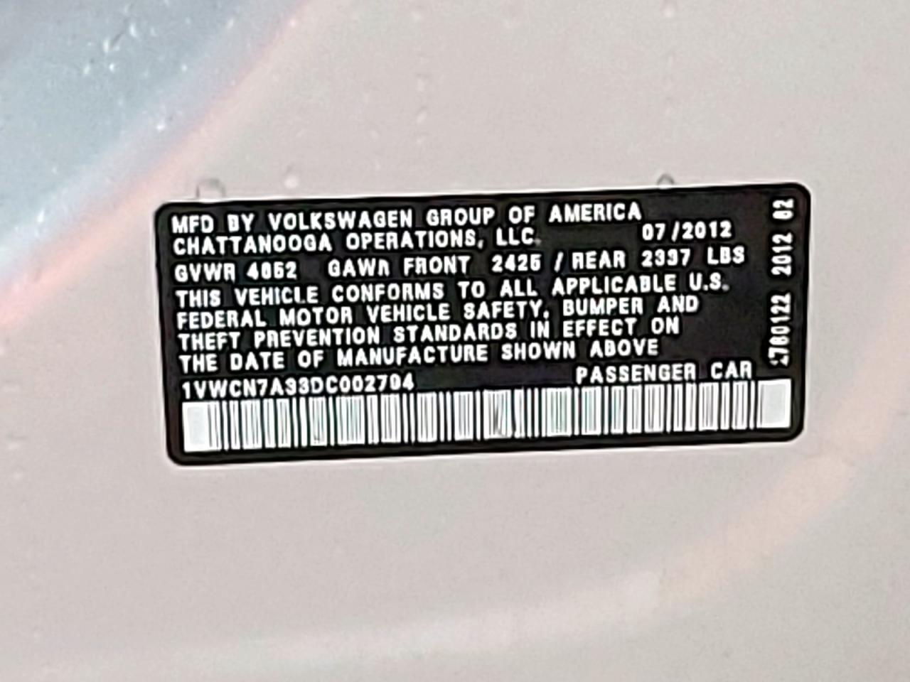 2013 Volkswagen Passat Sel VIN: 1VWCN7A33DC002794 Lot: 93655925