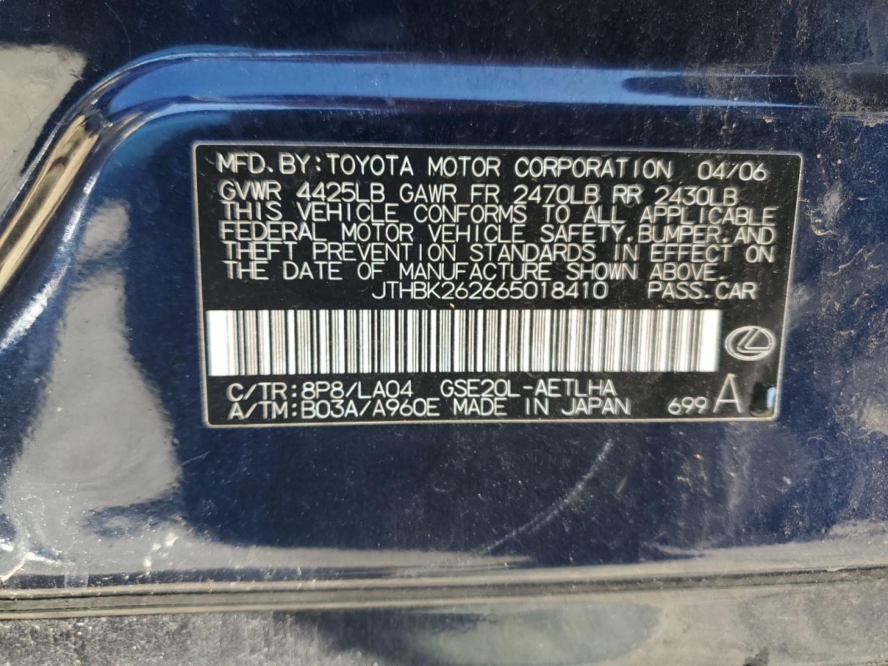 2006 Lexus Is 250 VIN: JTHBK262665018410 Lot: 93554245