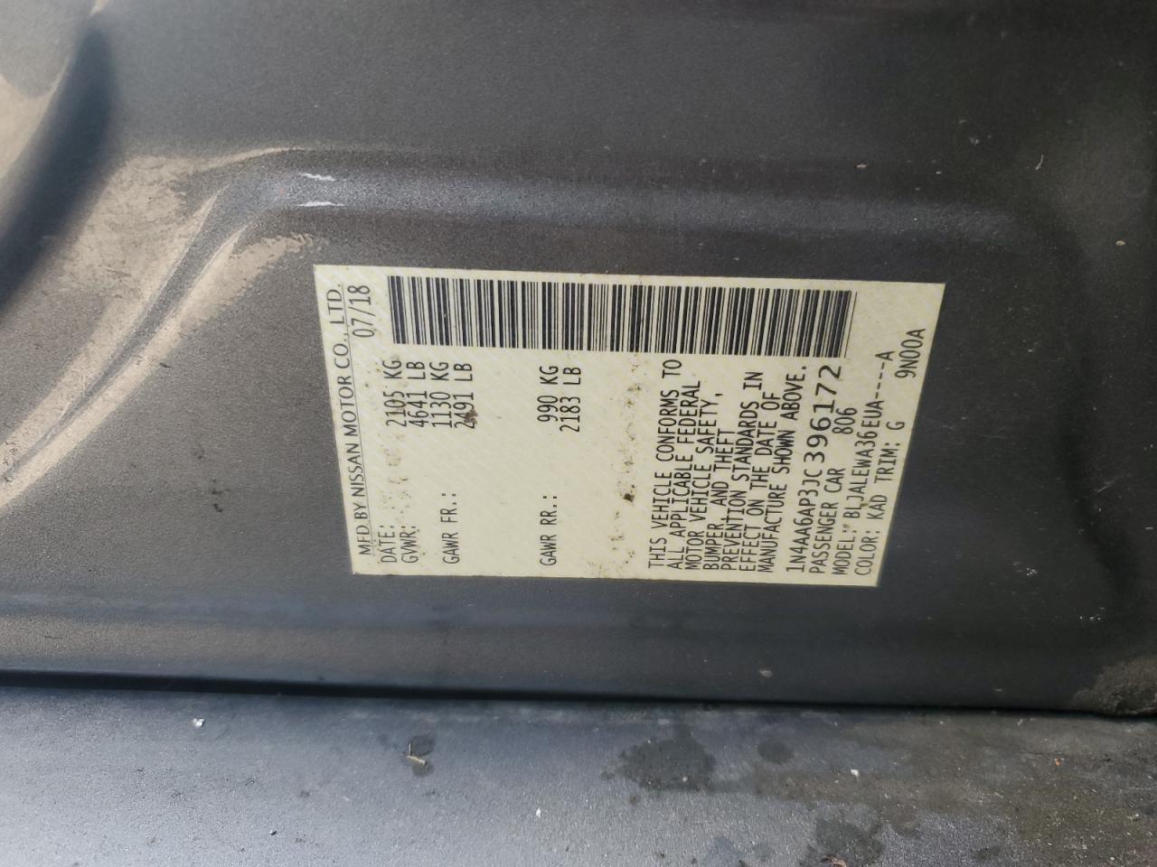 2018 Nissan Maxima 3.5S VIN: 1N4AA6AP3JC396172 Lot: 91988725