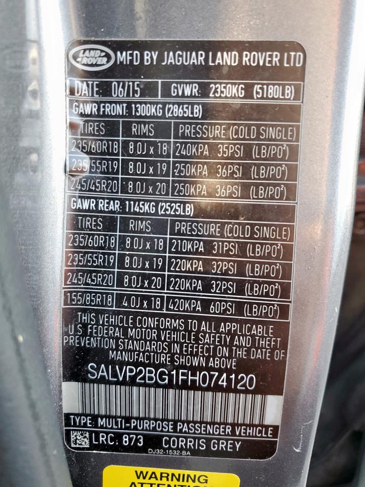 2015 Land Rover Range Rover Evoque Pure Plus VIN: SALVP2BG1FH074120 Lot: 91313475