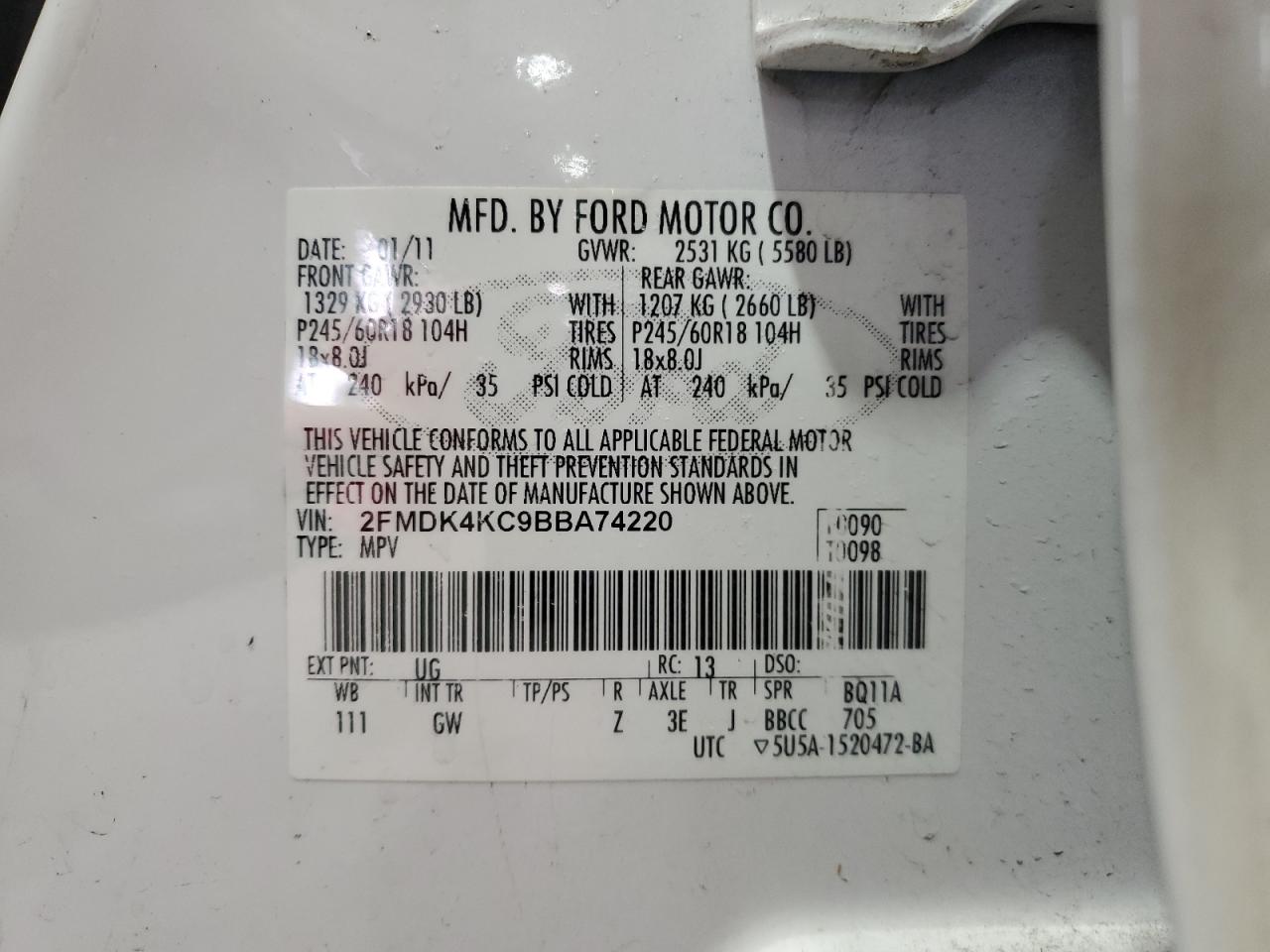 2011 Ford Edge Limited VIN: 2FMDK4KC9BBA74220 Lot: 93197005