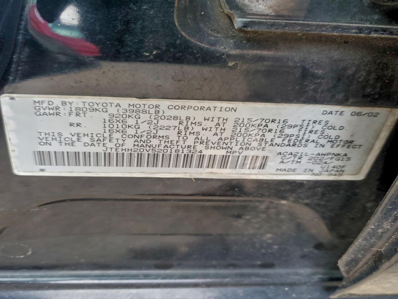 2002 Toyota Rav4 VIN: JTEHH20V520181324 Lot: 93424505