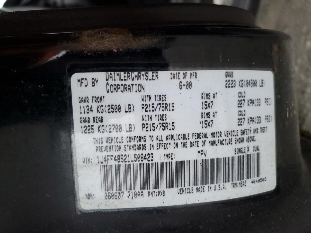 2001 Jeep Cherokee Sport VIN: 1J4FF48S21L508423 Lot: 92468455