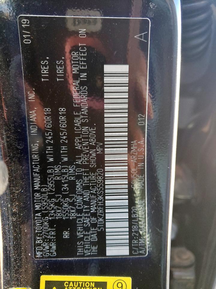 2019 Toyota Highlander Se VIN: 5TDKZRFH3KS559820 Lot: 90866485