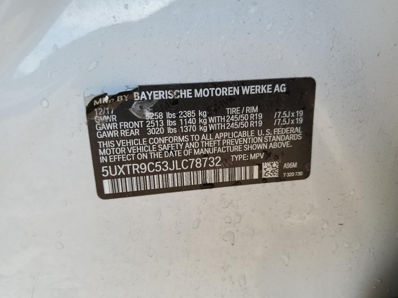 2018 BMW X3 xDrive30I VIN: 5UXTR9C53JLC78732 Lot: 91095235