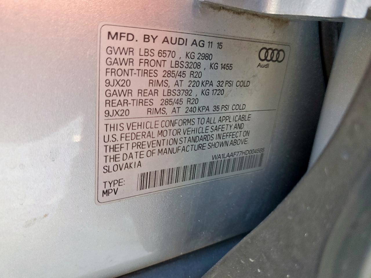 2017 Audi Q7 Premium Plus VIN: WA1LAAF77HD004565 Lot: 91060835