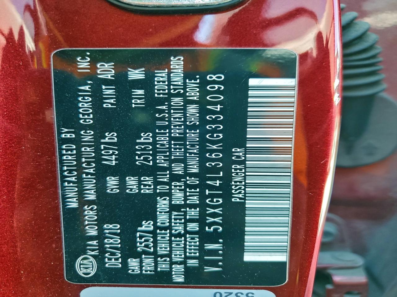 2019 Kia Optima Lx VIN: 5XXGT4L36KG334098 Lot: 93890145