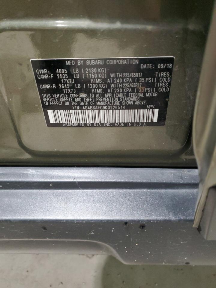 2019 Subaru Outback 2.5I Premium VIN: 4S4BSAFC9K3226514 Lot: 93206905