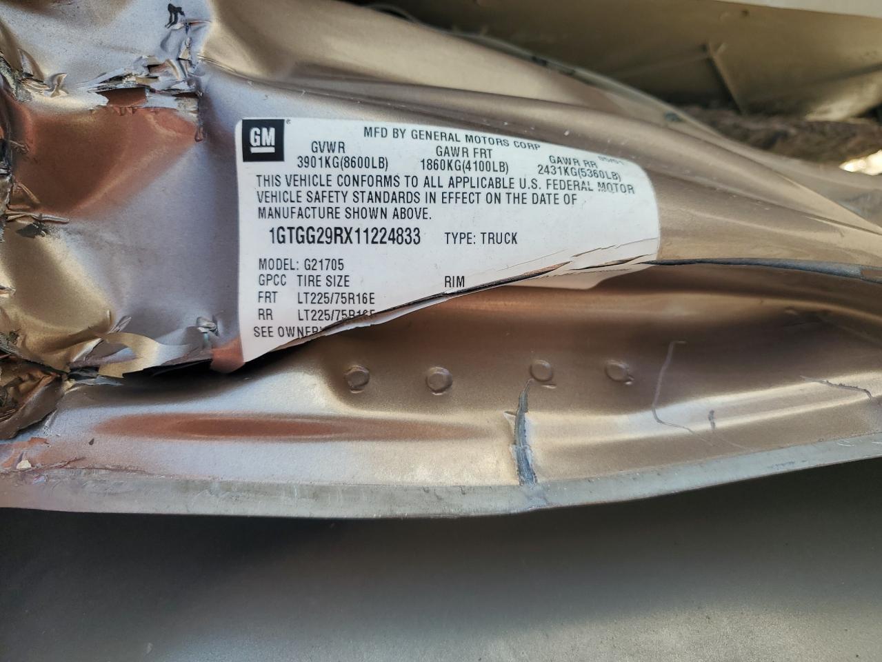 2001 GMC Savana G2500 VIN: 1GTGG29RX11224833 Lot: 91295535