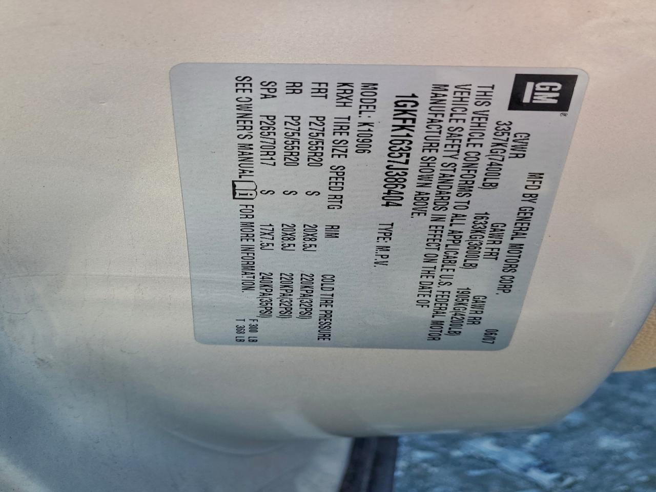 2007 GMC Yukon Xl K1500 VIN: 1GKFK16357J386404 Lot: 92977095