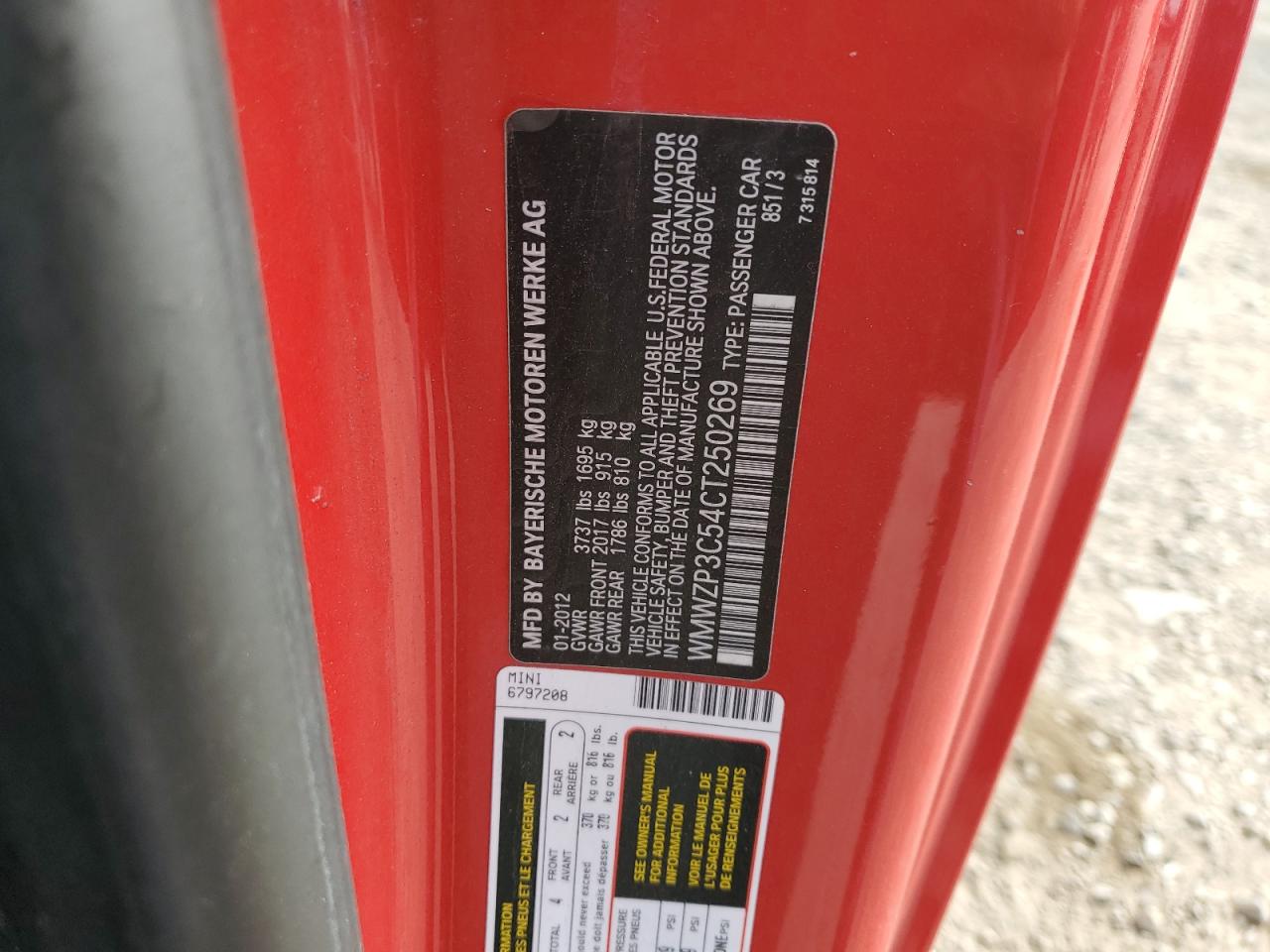 2012 Mini Cooper S VIN: WMWZP3C54CT250269 Lot: 92187065