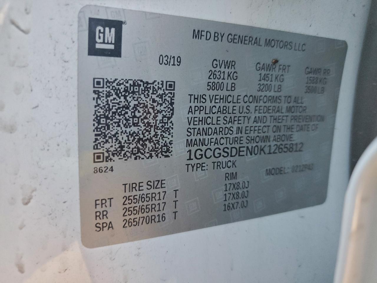 2019 Chevrolet Colorado Z71 VIN: 1GCGSDEN0K1265812 Lot: 94496775