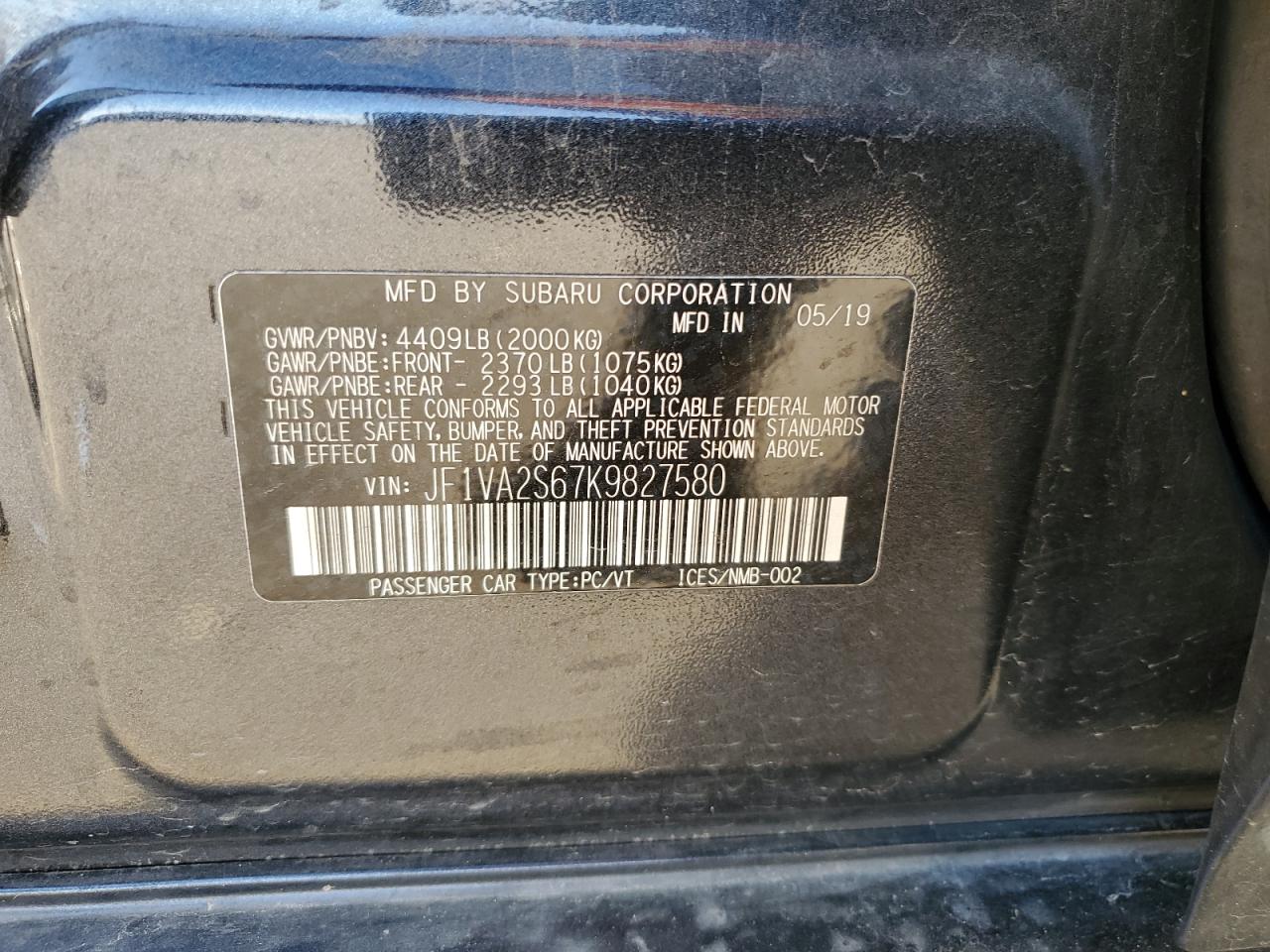 2019 Subaru Wrx Sti VIN: JF1VA2S67K9827580 Lot: 92813705