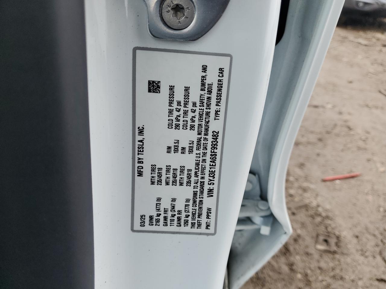 2025 Tesla Model 3 VIN: 5YJ3E1EA6SF993482 Lot: 92876885