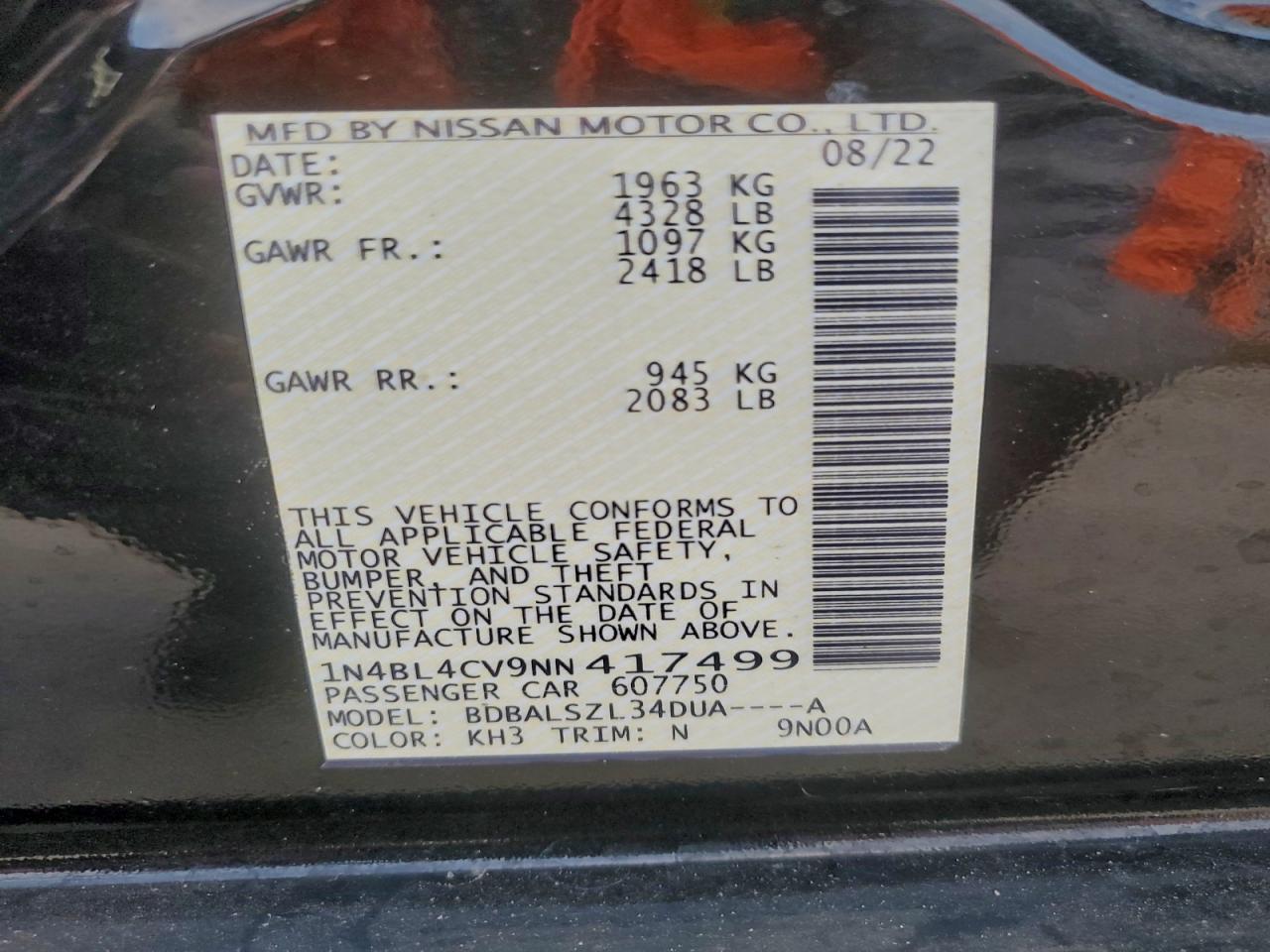 2022 Nissan Altima Sr VIN: 1N4BL4CV9NN417499 Lot: 94139165