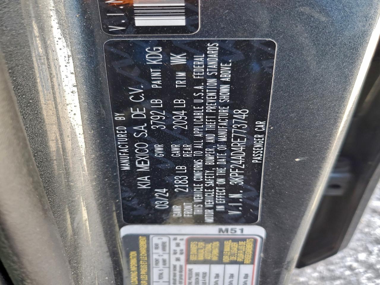 2024 Kia Forte Lx VIN: 3KPF24AD4RE773748 Lot: 94044525