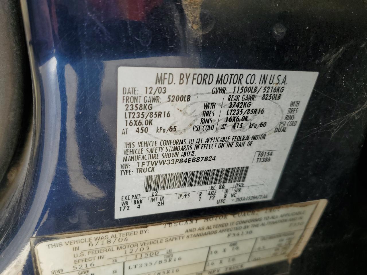 2004 Ford F350 Super Duty VIN: 1FTWW33P84EB87824 Lot: 92114435