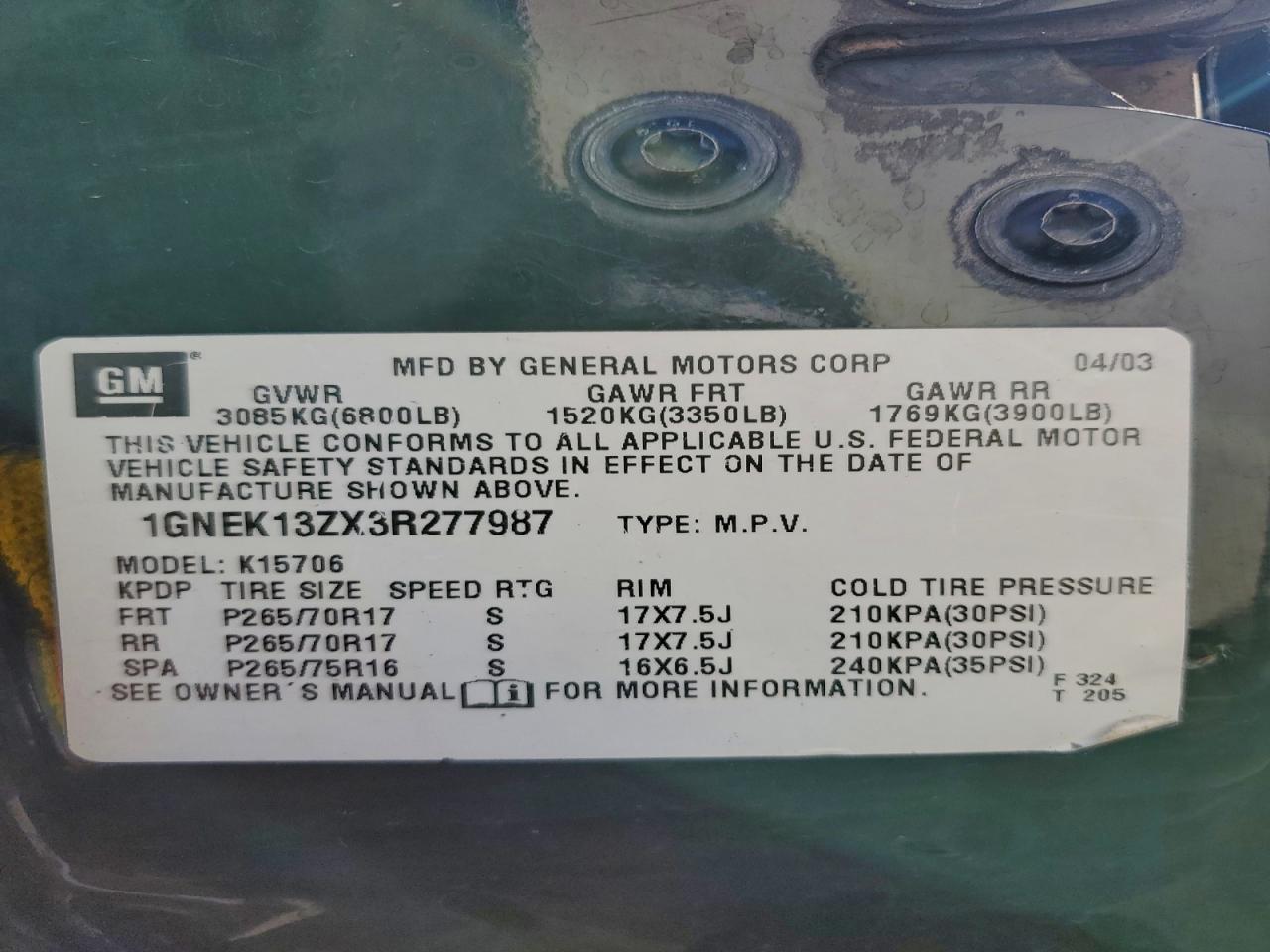 2003 Chevrolet Tahoe K1500 VIN: 1GNEK13ZX3R277987 Lot: 94215075