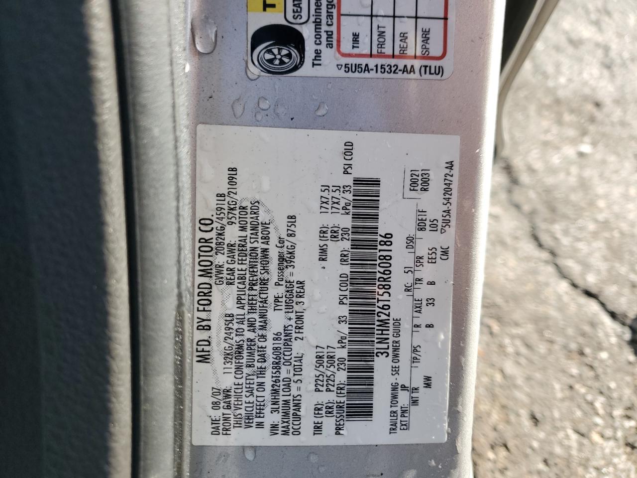 2008 Lincoln Mkz VIN: 3LNHM26T58R608186 Lot: 92733225