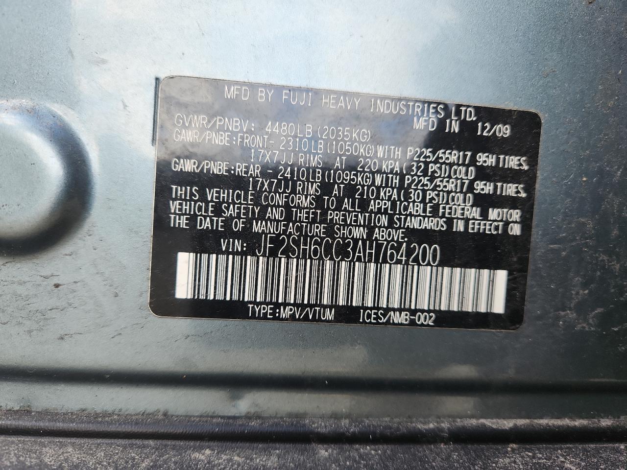 2010 Subaru Forester 2.5X Premium VIN: JF2SH6CC3AH764200 Lot: 92919755