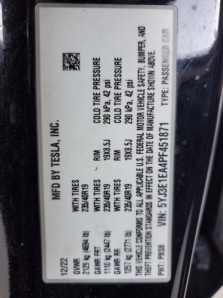 2023 Tesla Model 3 VIN: 5YJ3E1EA4PF451871 Lot: 91780645