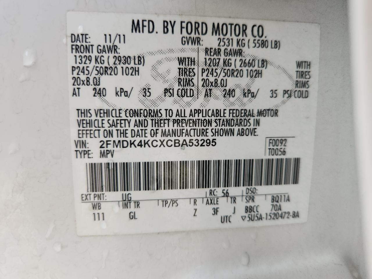 2012 Ford Edge Limited VIN: 2FMDK4KCXCBA53295 Lot: 91668545