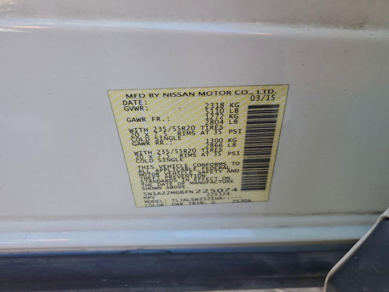 2015 Nissan Murano S VIN: 5N1AZ2MG6FN225074 Lot: 94567715