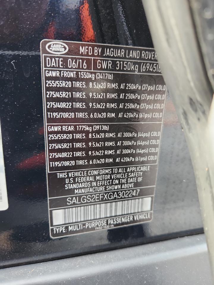 2016 Land Rover Range Rover Supercharged VIN: SALGS2EFXGA302247 Lot: 90876365