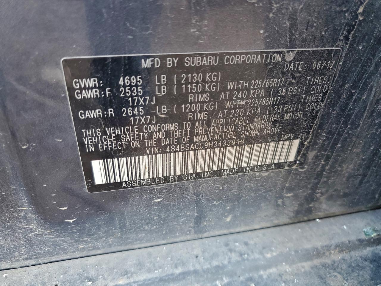 2017 Subaru Outback 2.5I Premium VIN: 4S4BSACC9H3433918 Lot: 94348375