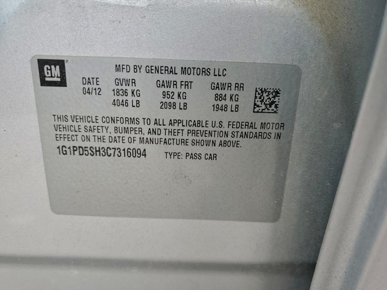 2012 Chevrolet Cruze Ls VIN: 1G1PD5SH3C7316094 Lot: 93981245