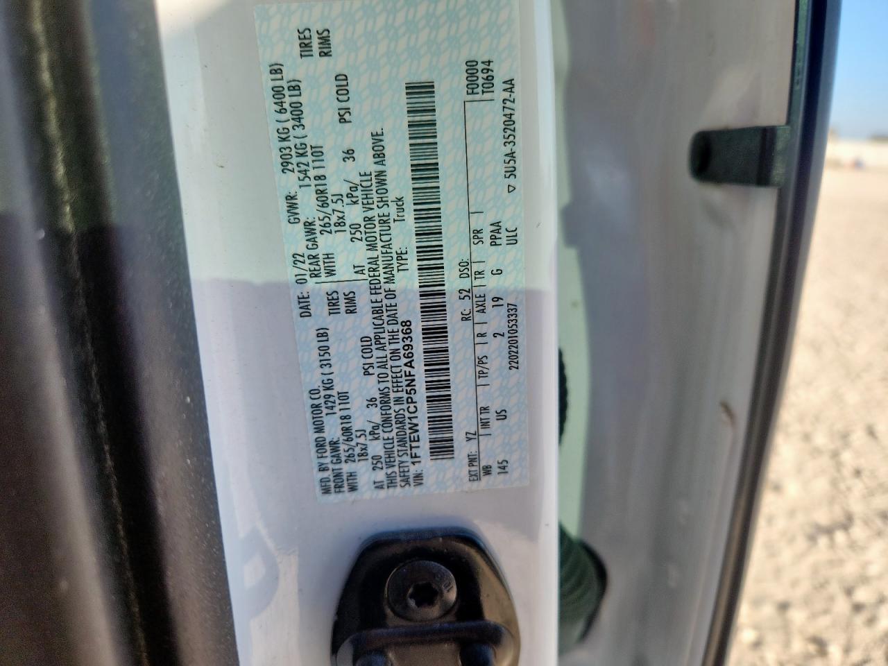 2022 Ford F150 Supercrew VIN: 1FTEW1CP5NFA69368 Lot: 92155355