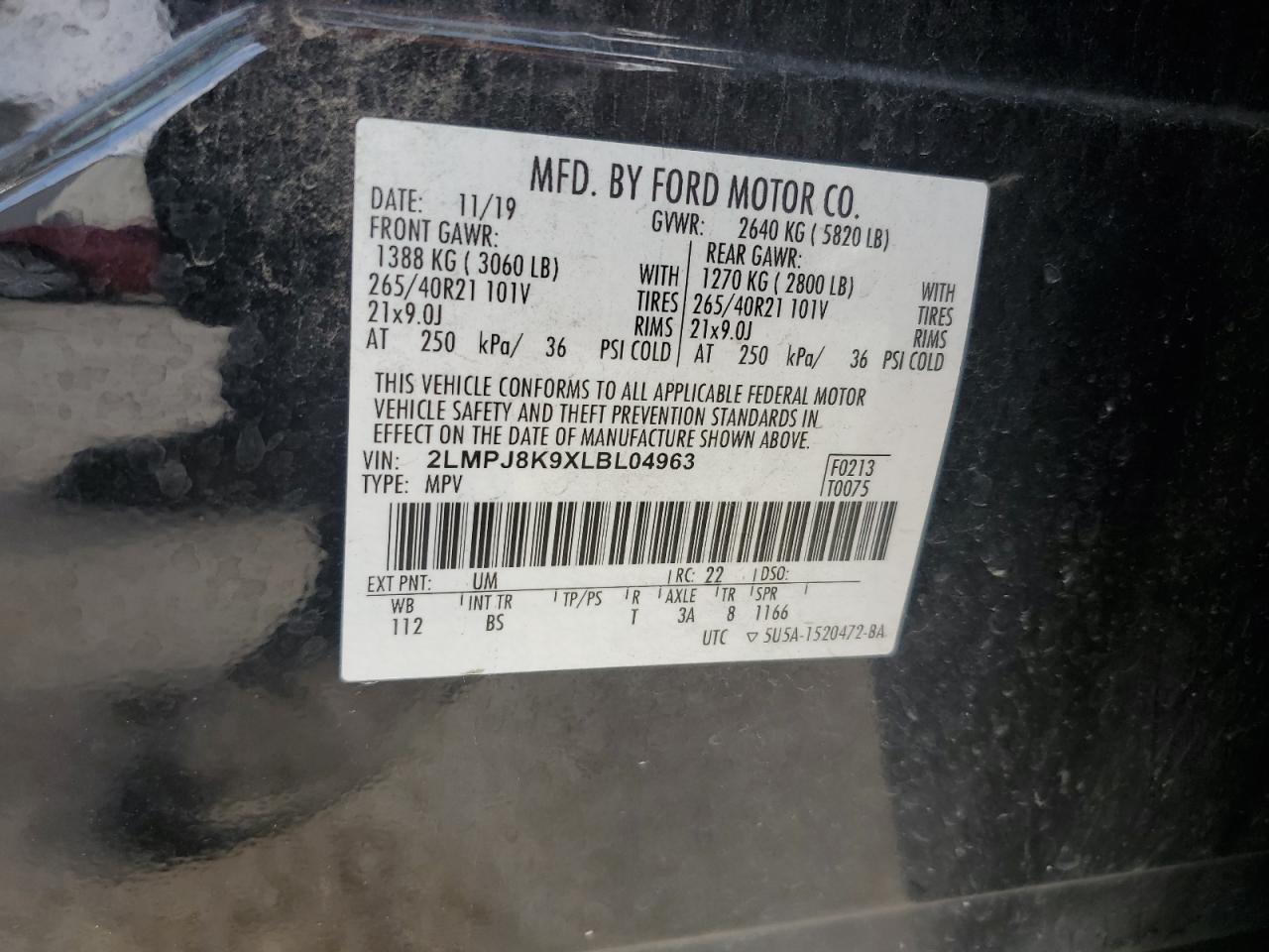 2020 Lincoln Nautilus Reserve VIN: 2LMPJ8K9XLBL04963 Lot: 93108485