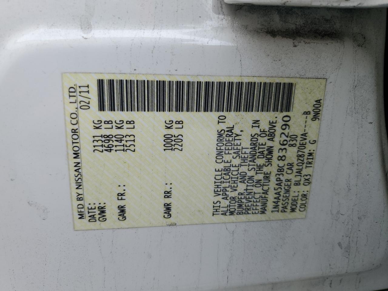 2011 Nissan Maxima S VIN: 1N4AA5AP3BC836290 Lot: 91494905