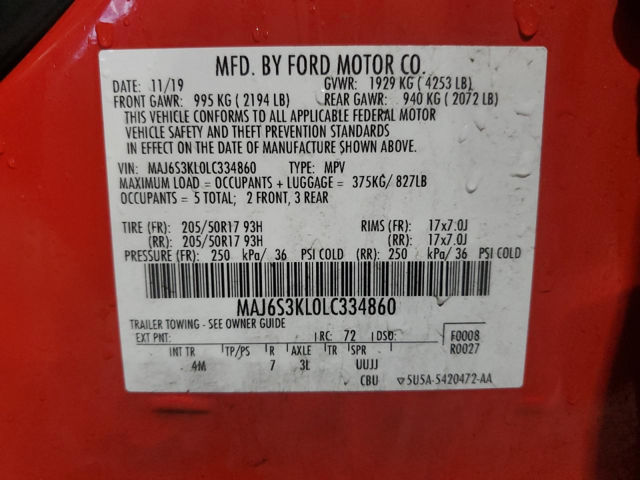 2020 Ford Ecosport Titanium VIN: MAJ6S3KL0LC334860 Lot: 93979645