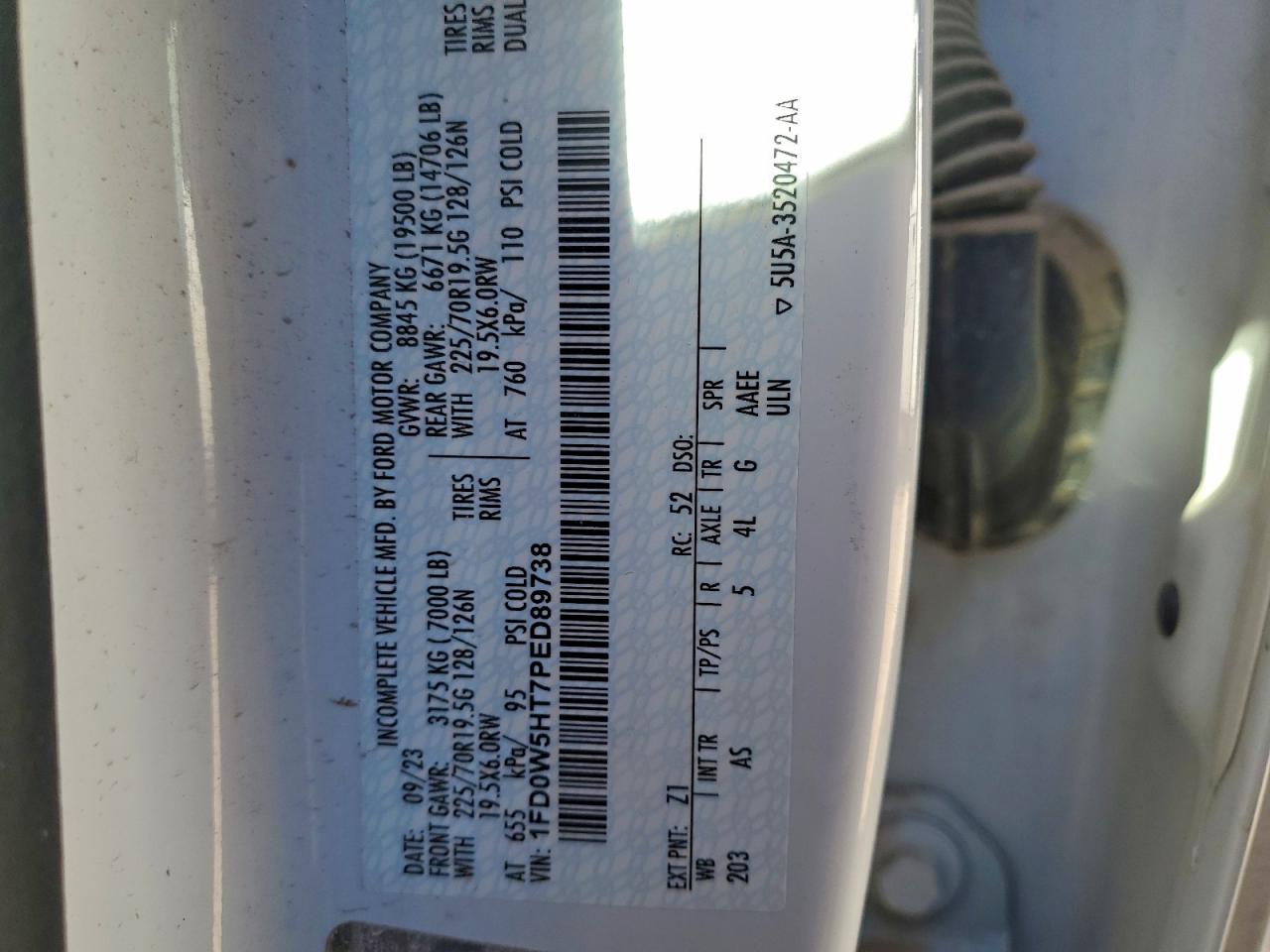 2023 Ford F550 Super Duty VIN: 1FD0W5HT7PED89738 Lot: 93543515