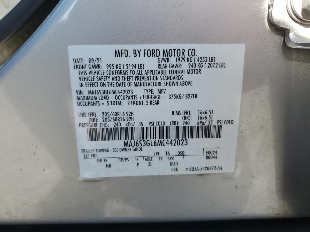 2021 Ford Ecosport Se VIN: MAJ6S3GL6MC442023 Lot: 91100595