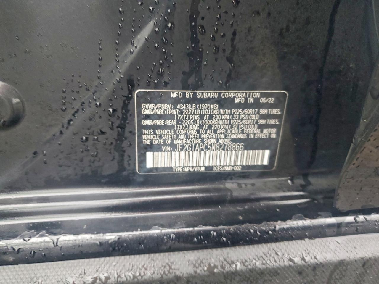 2022 Subaru Crosstrek Premium VIN: JF2GTAPC5N8278866 Lot: 94190835