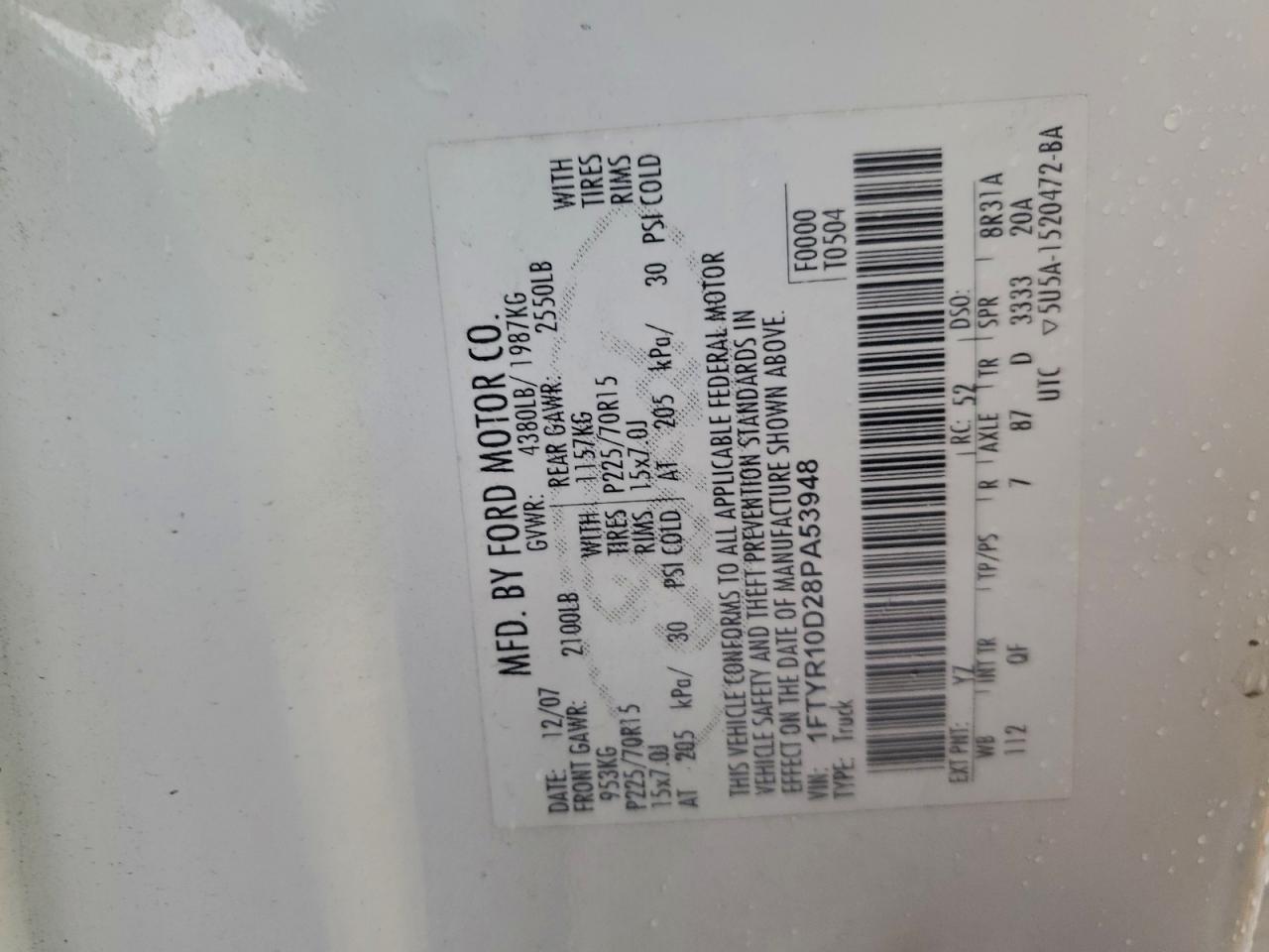 2008 Ford Ranger VIN: 1FTYR10D28PA53948 Lot: 94338275