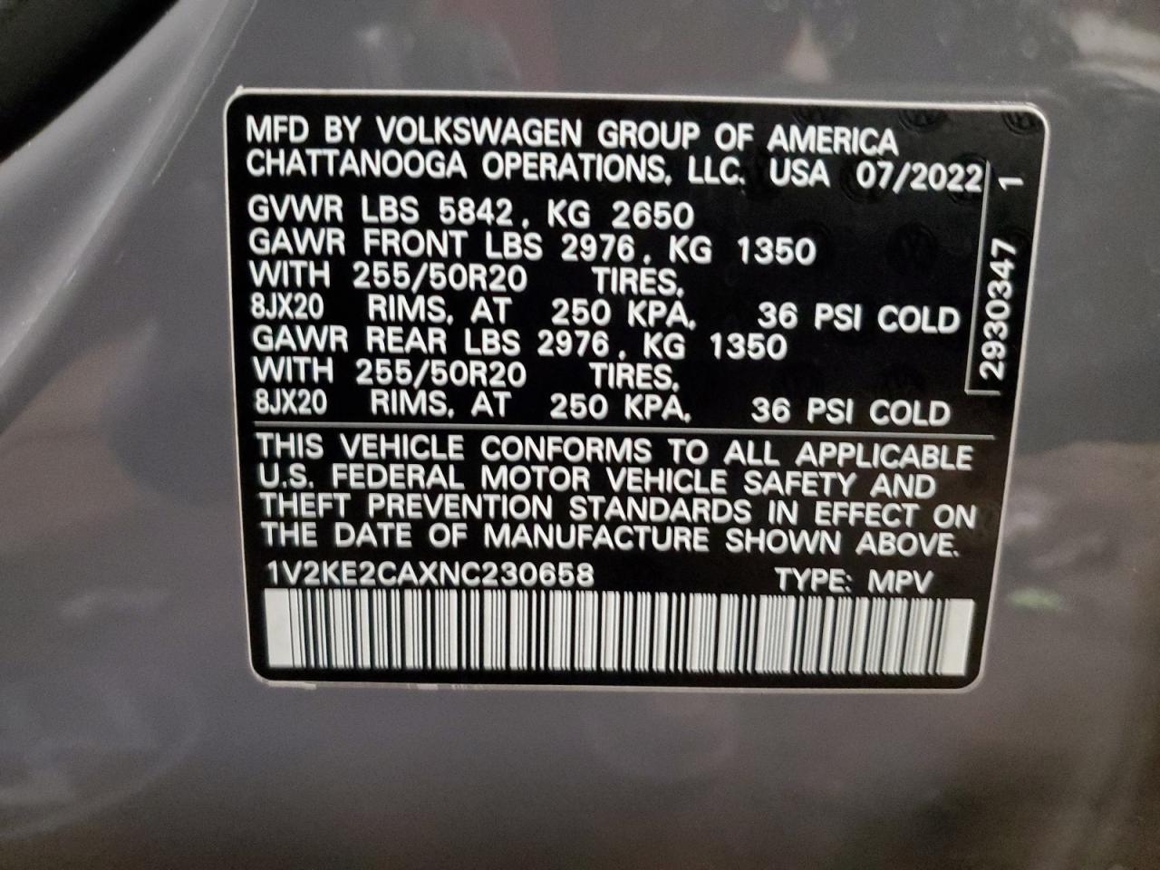 2022 Volkswagen Atlas Cross Sport Se VIN: 1V2KE2CAXNC230658 Lot: 90954205