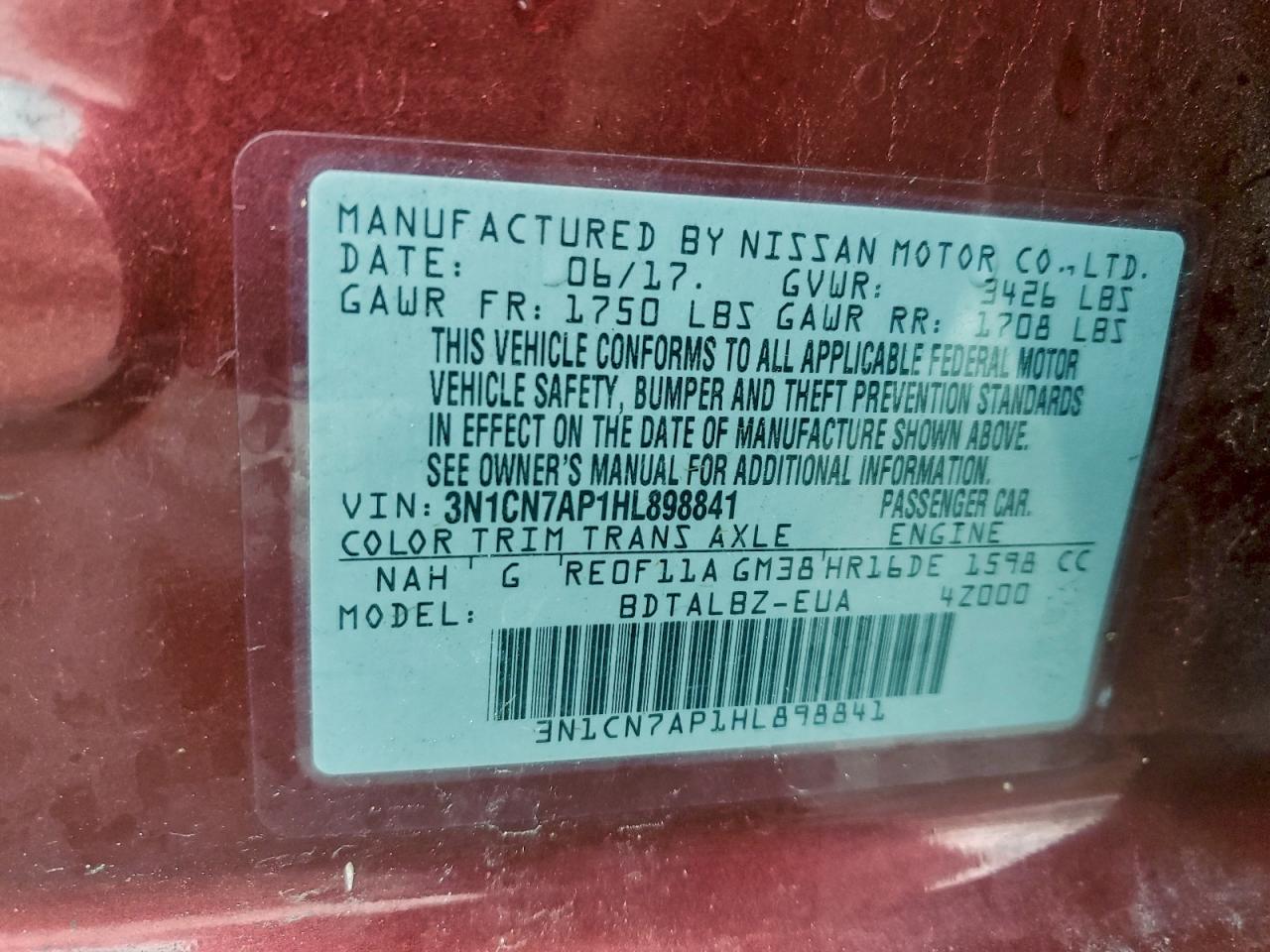 2017 Nissan Versa S VIN: 3N1CN7AP1HL898841 Lot: 94456255