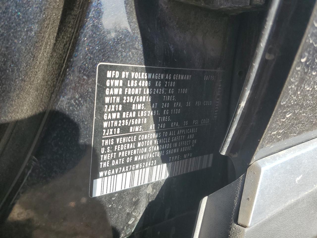 2016 Volkswagen Tiguan S VIN: WVGAV7AX7GW528423 Lot: 92471395