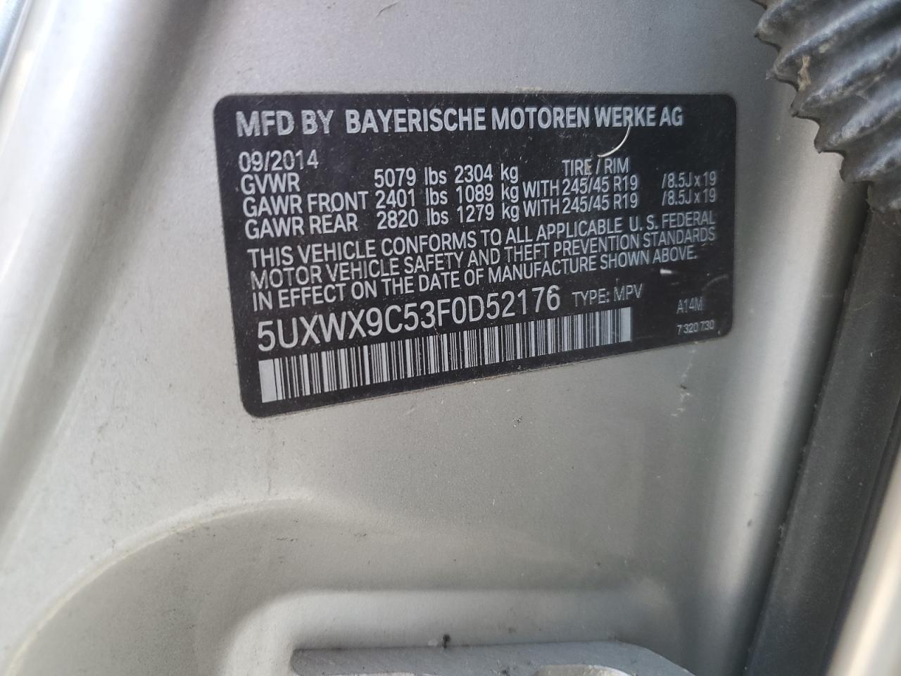 2015 BMW X3 xDrive28I VIN: 5UXWX9C53F0D52176 Lot: 92423895