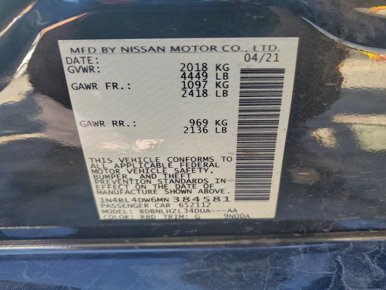 2021 Nissan Altima Sv VIN: 1N4BL4DW6MN384581 Lot: 93617635