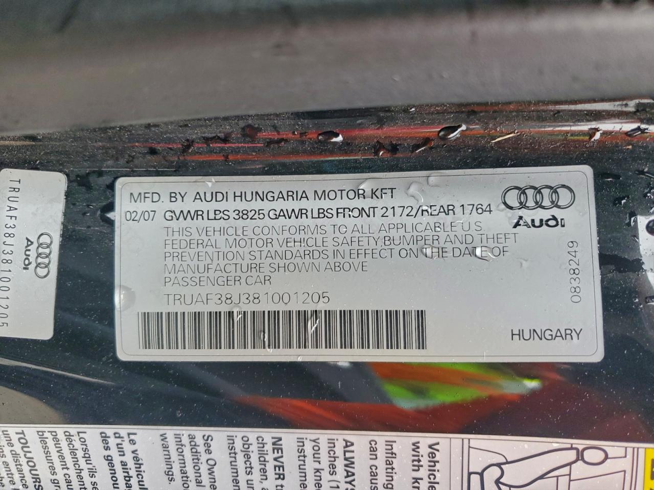 2008 Audi Tt 2.0T VIN: TRUAF38J381001205 Lot: 94378275