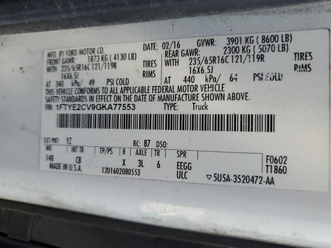 2016 Ford Transit 150 Utility / Service Van VIN: 1FTYE2CV9GKA77553 Lot: 91021625