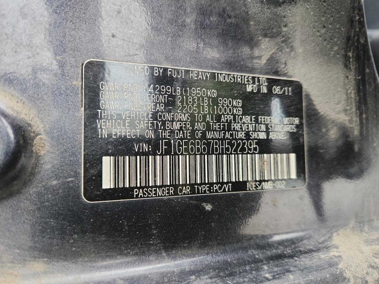 2011 Subaru Impreza 2.5I Premium VIN: JF1GE6B67BH522395 Lot: 92825445