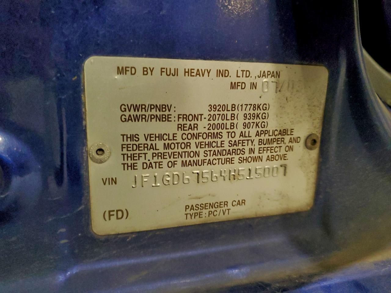 2004 Subaru Impreza Rs VIN: JF1GD67564H515007 Lot: 93842865