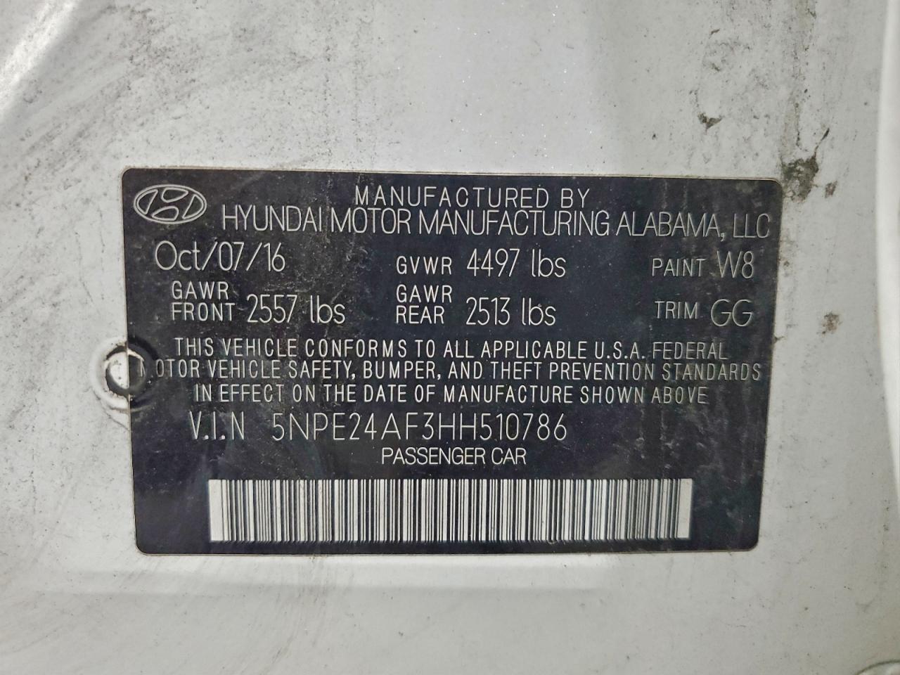 2017 Hyundai Sonata Se VIN: 5NPE24AF3HH510786 Lot: 94594375