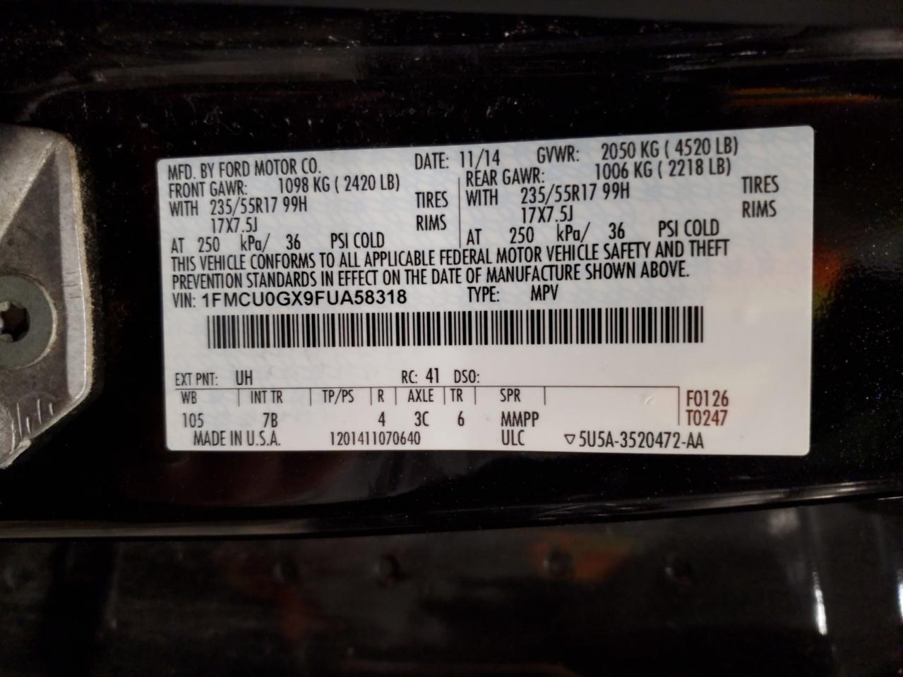 2015 Ford Escape Se VIN: 1FMCU0GX9FUA58318 Lot: 92414865