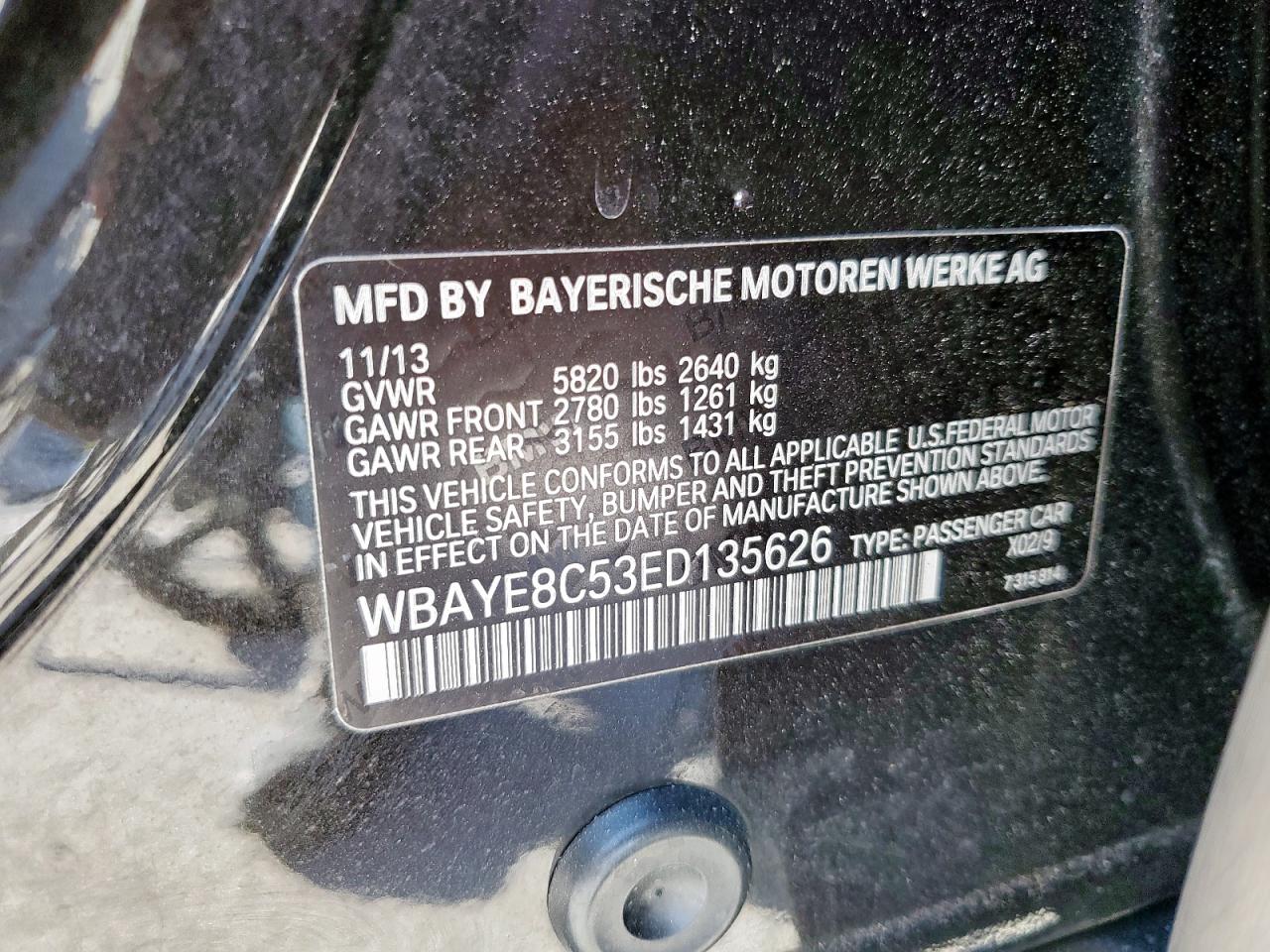 2014 BMW 750 Li VIN: WBAYE8C53ED135626 Lot: 93120515